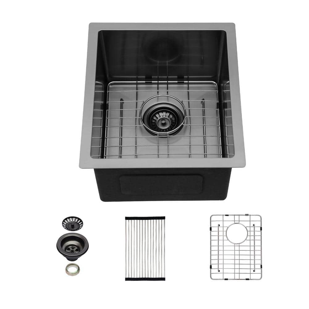 15 in. Undermount Single Bowl 16 Gauge Gunmetal Black Stainless Steel Kitchen Sink Under Counter Bar Sink -  Sarlai, ALTXSC1519-B