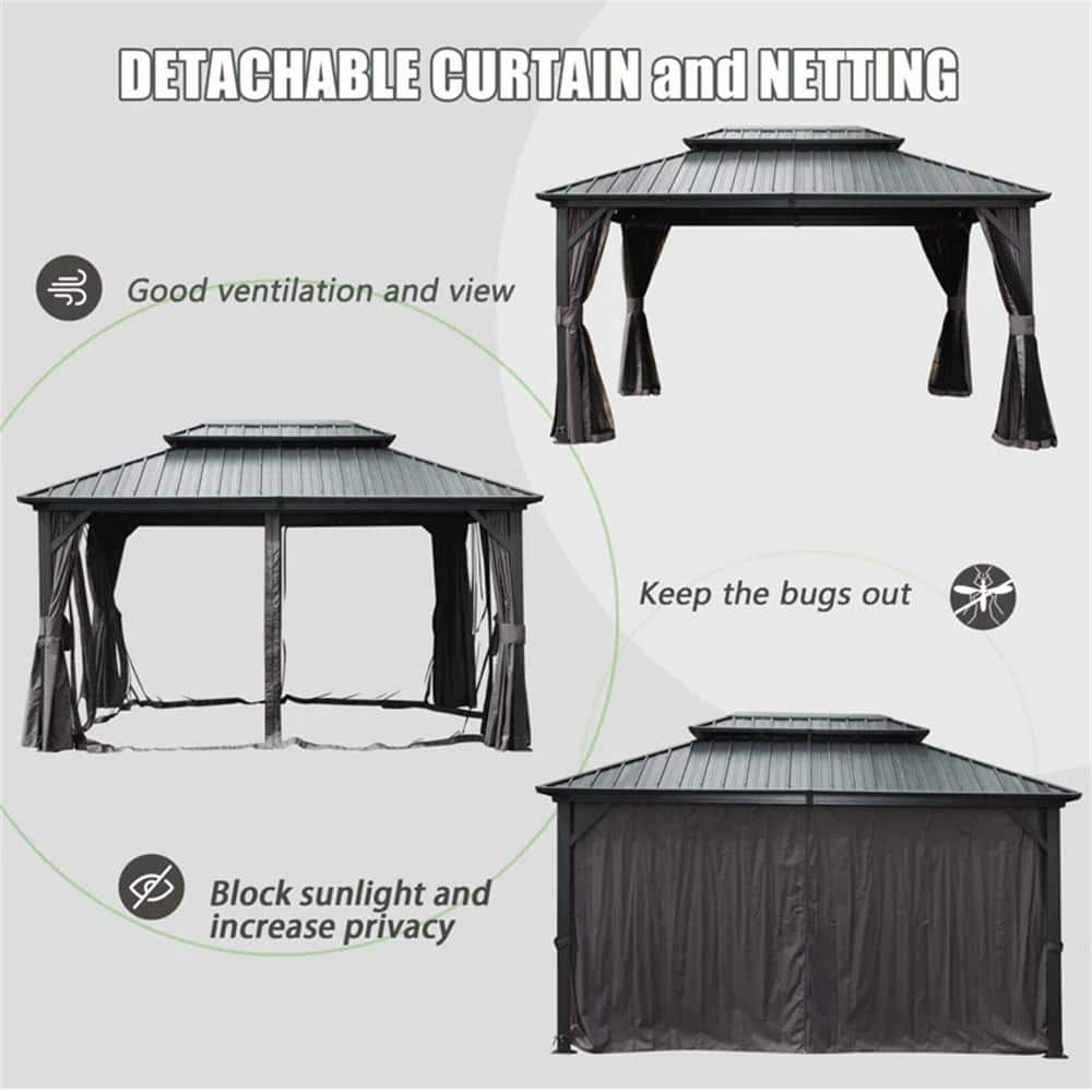 Black Aluminum Hardtop Gazebo with Galvanized Steel Double Canopy and Curtains