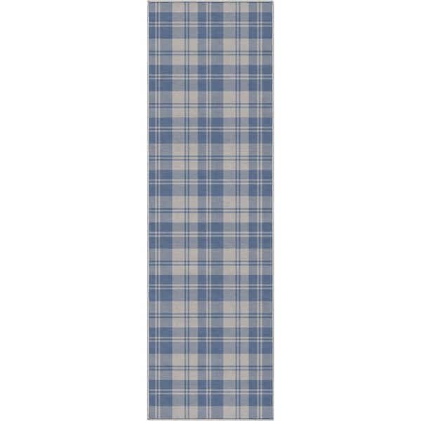 Well Woven Blue 2 ft. 3 in. x 7 ft. 3 in. Runner Apollo Plaid Farmhouse Geometric Area Rug