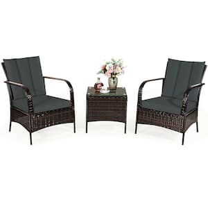 3-Piece Wicker Patio Conversation Set with Gray Cushions Plus Curved Armrest