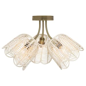 Isla 18 in. 3-Light Semi Flush Mount -Brushed Gold with Bell-Shaped Rattan Shades