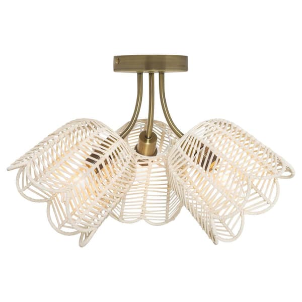 Isla 18 in. 3-Light Semi Flush Mount -Brushed Gold with Bell-Shaped Rattan Shades