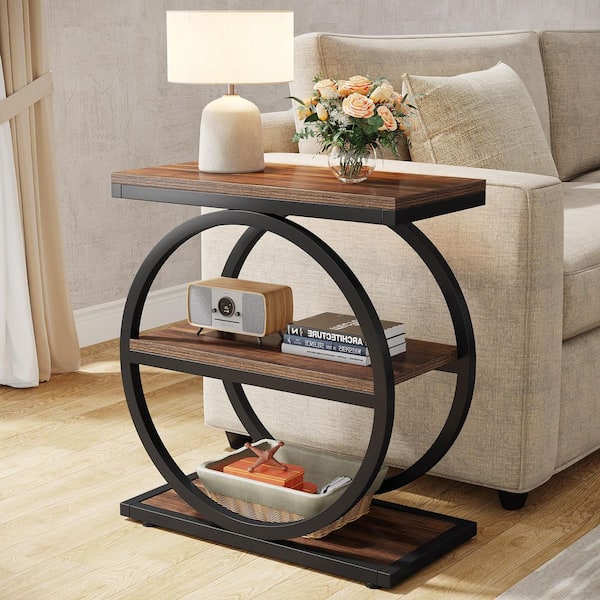 Kerlin 23.6 in. Brown Rectangle Wood End Table, Narrow End Table with 3-Storage Shelves, Industrial Sofa Side Table