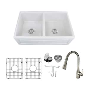 Versailles All-in-One Farmhouse/Apron-Front Fireclay 33 in. Equal Double Bowl Kitchen Sink with Faucet in White