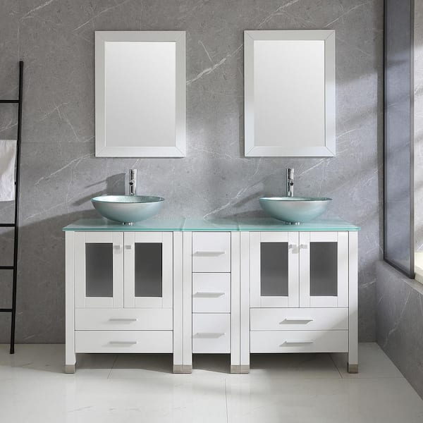 60.63 in. Double Foil Laminated Tempered Glass Green Sinks Freestanding White Bath Vanity with Green Tempered Glass Top