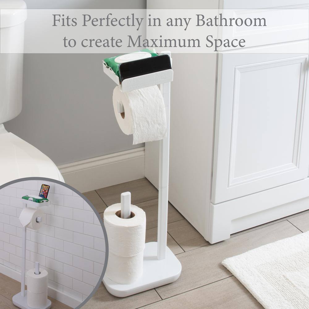 White Freestanding 3-in-1 Toilet Paper Holder with Adjustable Shelf