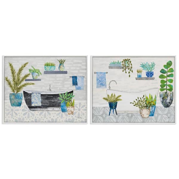 Stupell Industries Charming Botanical Bathroom by Courtney Prahl 2 Pieces White Framed Nature Giclee Art Print 11 in. x 14 in.