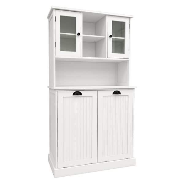 Zeus & Ruta 32.7 in. W x 14.6 in. D x 59.7 in. H White Linen Cabinet with Glass Doors and 2 Tilt-Out Dirty Laundry Basket