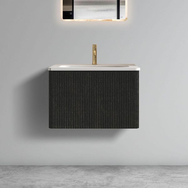FAMYYT 24 in. W Single Sink Striped Brushed Floating Black Oak