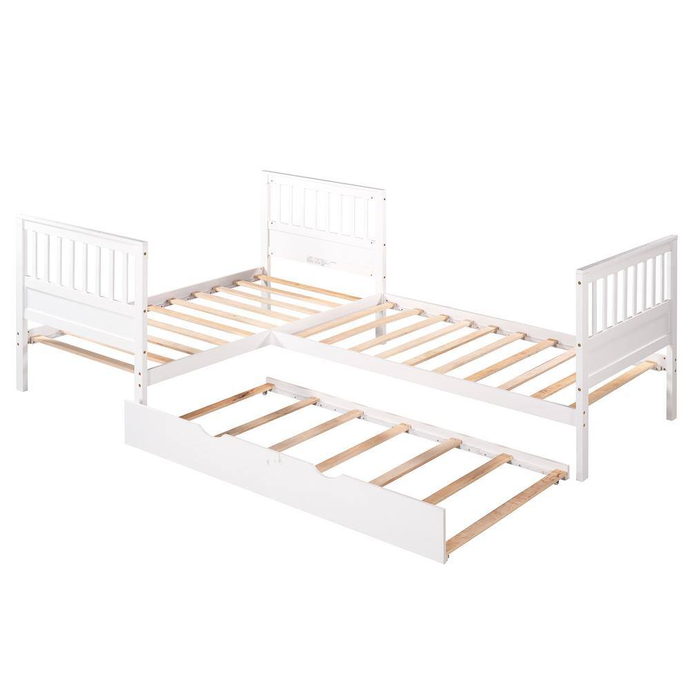 Angel Sar White L-Shaped Twin Size Platform Bed with Trundle, Headboard ...
