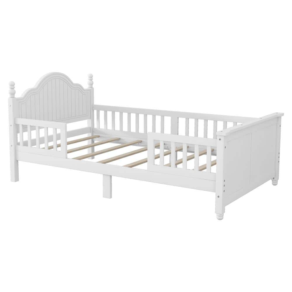 White Wood Frame Twin Platform Bed with Headboard, Footboard & Safety Guardrails durable construction price history on PriceWatchPro