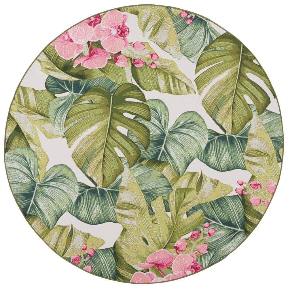 SAFAVIEH Barbados Green/Pink 7 ft. x 7 ft. Round Tropical Floral Indoor ...