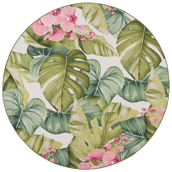 SAFAVIEH Barbados Green/Pink 7 ft. x 7 ft. Round Tropical Floral Indoor/Outdoor Area Rug