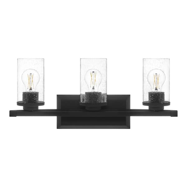 Hampton Bay Timpie 22 in. 3-Light Matte Black Bathroom Vanity Light Fixture with Seeded Glass Shades