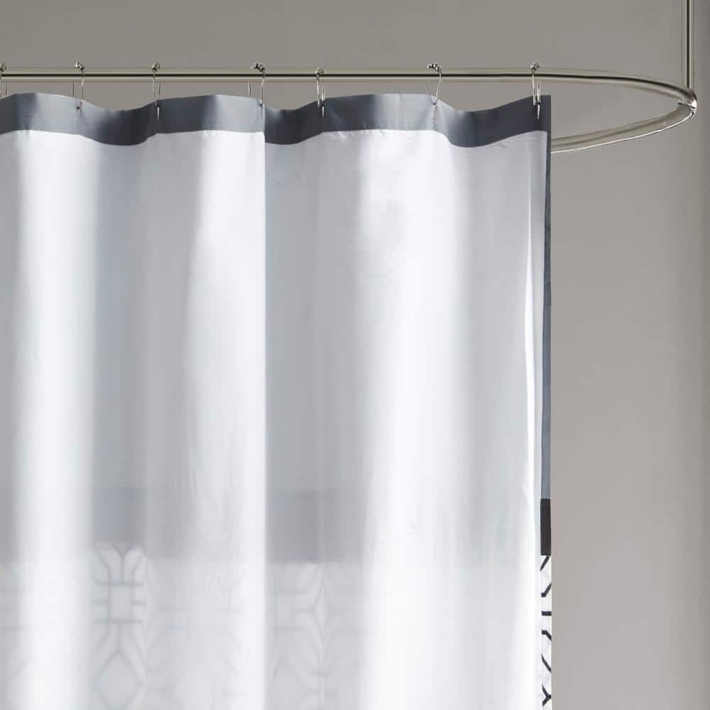 Black and Gray Geometric Embroidered Fabric Shower Curtain with Liner