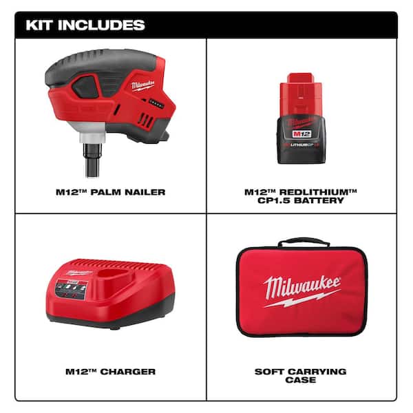 Milwaukee 2458-21 M12 12-Volt Lithium-Ion Cordless Palm Nailer Kit with One 1.5Ah Battery, Charger and Tool Bag - 2