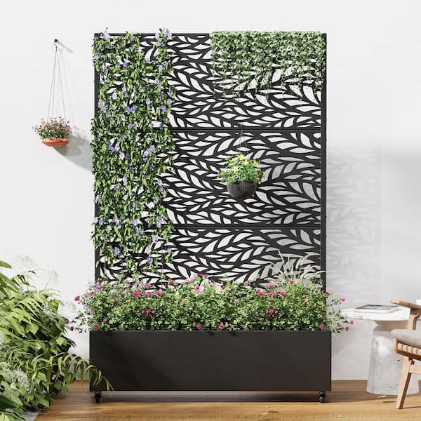 72 in. H x 47 in. W Rectanglar Black Outdoor Metal Privacy Screen Planter Box Wall Decor in Leaf Pattern