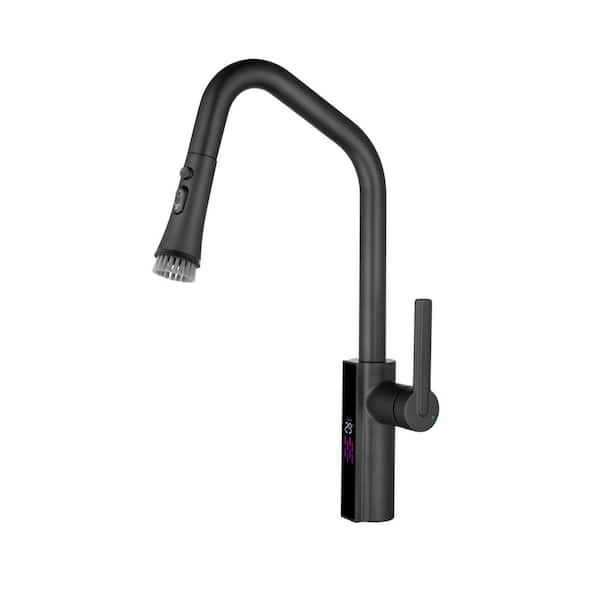 1-Handle 21 in. H Pull Down Sprayer Kitchen Faucet 3-Spray Fixed Sink Faucet with Digital Display in Matte Black
