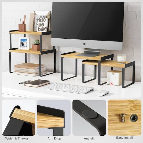 Anqtovp 4-Shelf Black Bamboo Expandable Stackable Cabinet