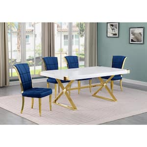 Miguel 5-Piece Rectangle White Wood Top Gold Stainless Steel Dining Set with 4 Navy Blue Velvet Chairs