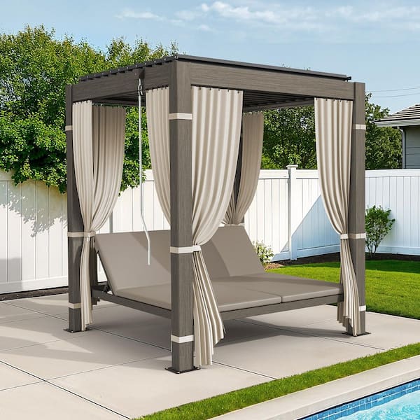 Simba Gray Aluminum Outdoor Day Bed with Adjustable Louvered Roof Gazebo Canopy Lounger with Cushion Reclining Backrest