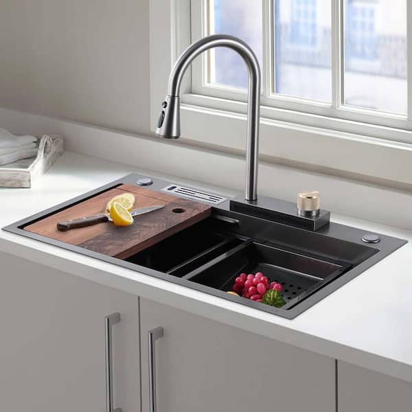 Staykiwi 30 in. Drop-In Single Bowl 16 Gauge Gunmetal Black Stainless Steel Kitchen Sink with Faucet with Accessories