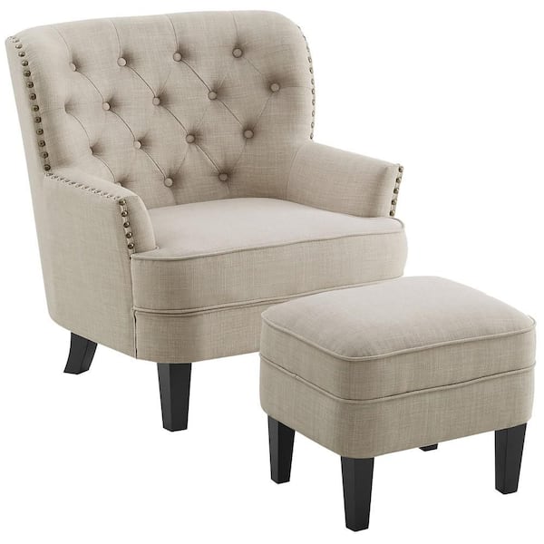 Beige Linen Arm Chair with Solid Rubberwood Chair Legs and Ottoman