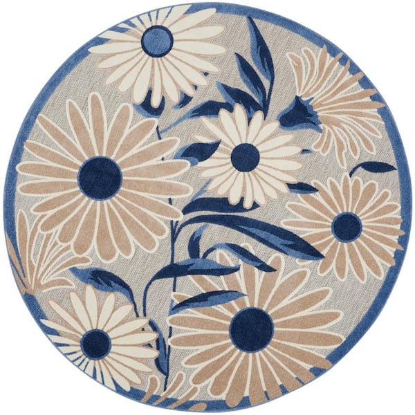 Nourison Aloha Blue Grey 8 ft. Round Wild Flowers Floral Contemporary Indoor/Outdoor Area Rug