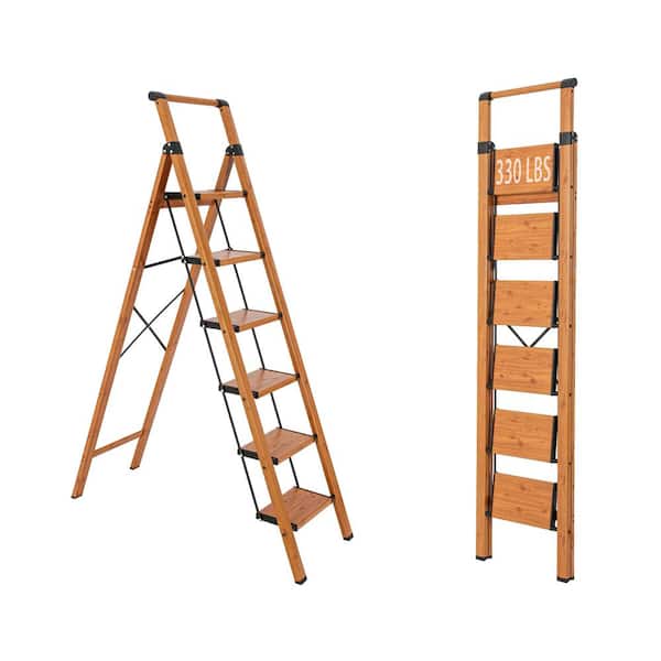 6-Step Aluminum Folding Step Stool Ladder 330 lbs. Load Capacity Type IA Duty Rating (5.57 ft. Reach Height), Wood GRain