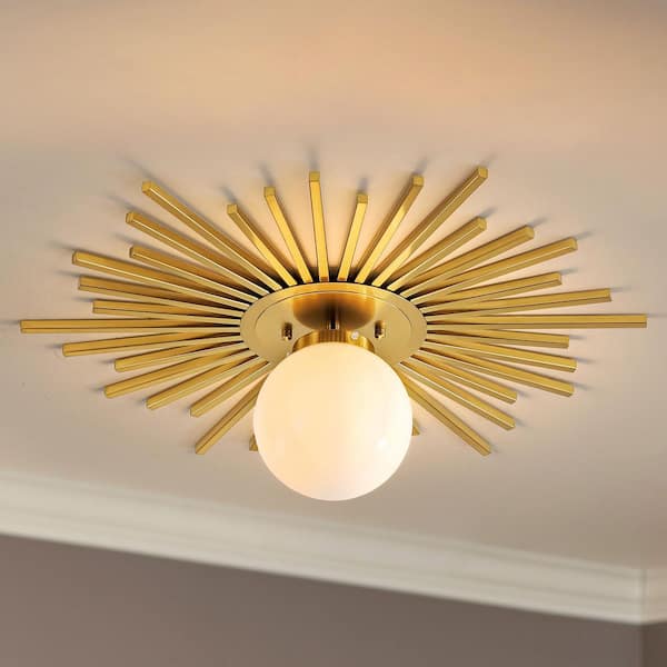Theresa 23.6 in. 1-Light Mid-Century Modern Gold Semi-Flush Mount Light with Milky-White Frosted Glass Globe Shade