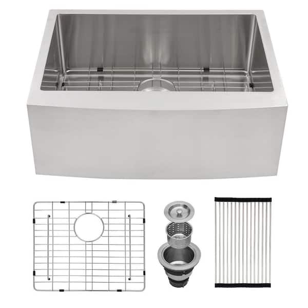 24 in. Farmhouse Single Bowl 16-Gauge Brushed Nickel Stainless Steel Kitchen Sink with Drain