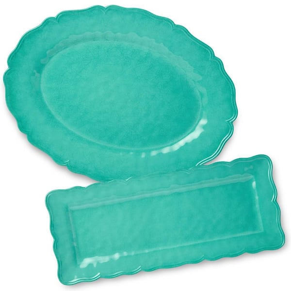 Isabella 14 in. Teal Melamine 2-Piece Platter Set