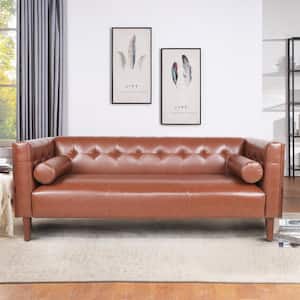 Wooden Decorated 76.5 in. W Square Arm Faux Leather Straight Tuxedo Sofa in Brown With 2-Pillows