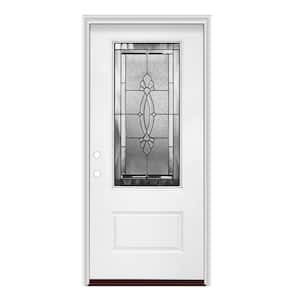 36 in. x 80 in. Right-Hand/Inswing 1 Panel 3/4 Lite Decorative Glass Smooth Fiberglass Prehung Door w/PVC Frame