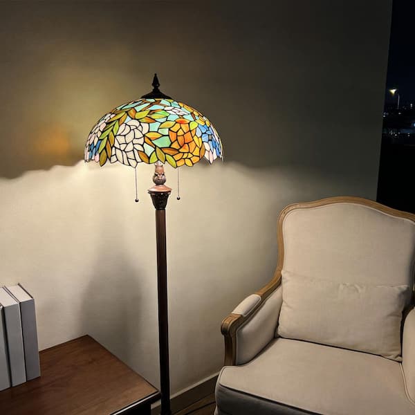 62 in. Dark Bronze Tiffany Floor Lamp Antique Style Standing Light with Wisteria Stained Glass Shade Pull Chain Switch