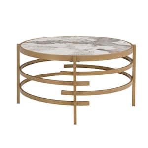32.48 in. Golden Round Sintered Stone Coffee Table with Sturdy Metal Frame