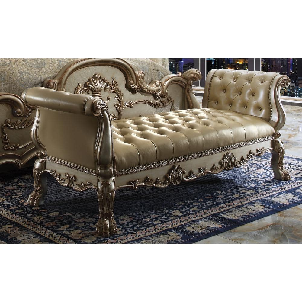 ACME Dresden Bench, Bone PU & Gold Patina-Color:Bone PU & Gold Patina,Quantity:1,Style:Vintage/Traditional/Victorian