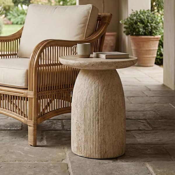 Cruzu 17 in. Light Brown Travertine Round Stone End Table