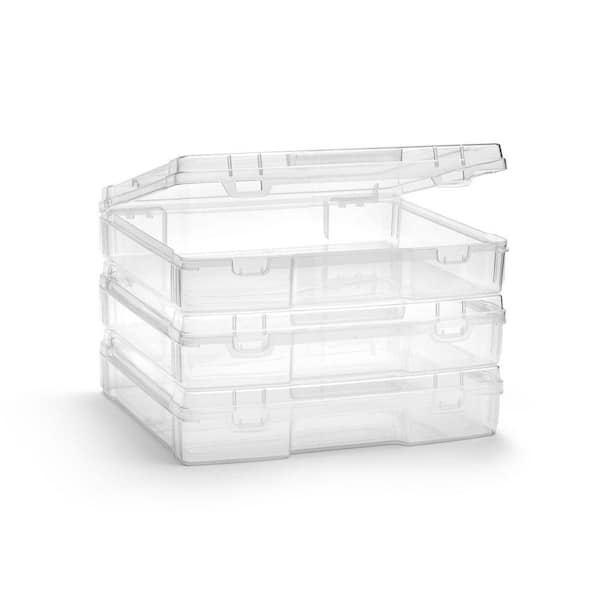 Stackable Snap-Tight Storage Containers, Clear, 12.2 in. W x 3 in. H Plastic Desk Accessories, Made in the USA (3-Pack)