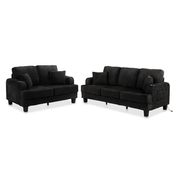 Kasin 2-Piece Black Chenille Small Space Living Room Set with USB Ports and Cup Holders