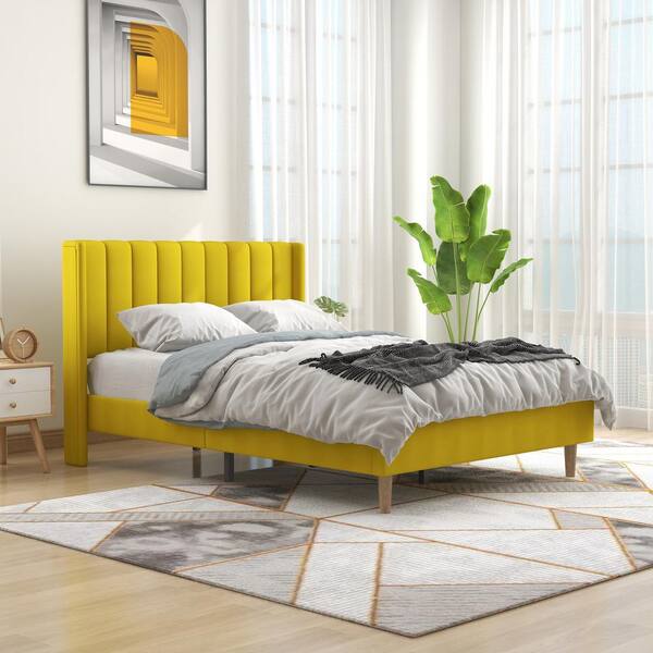 Einfach Queen Size Platform Bed Frame with Wingback Headboard Light Yellow Fabric Upholstered Mattress Foundation with Wooden Slat Support