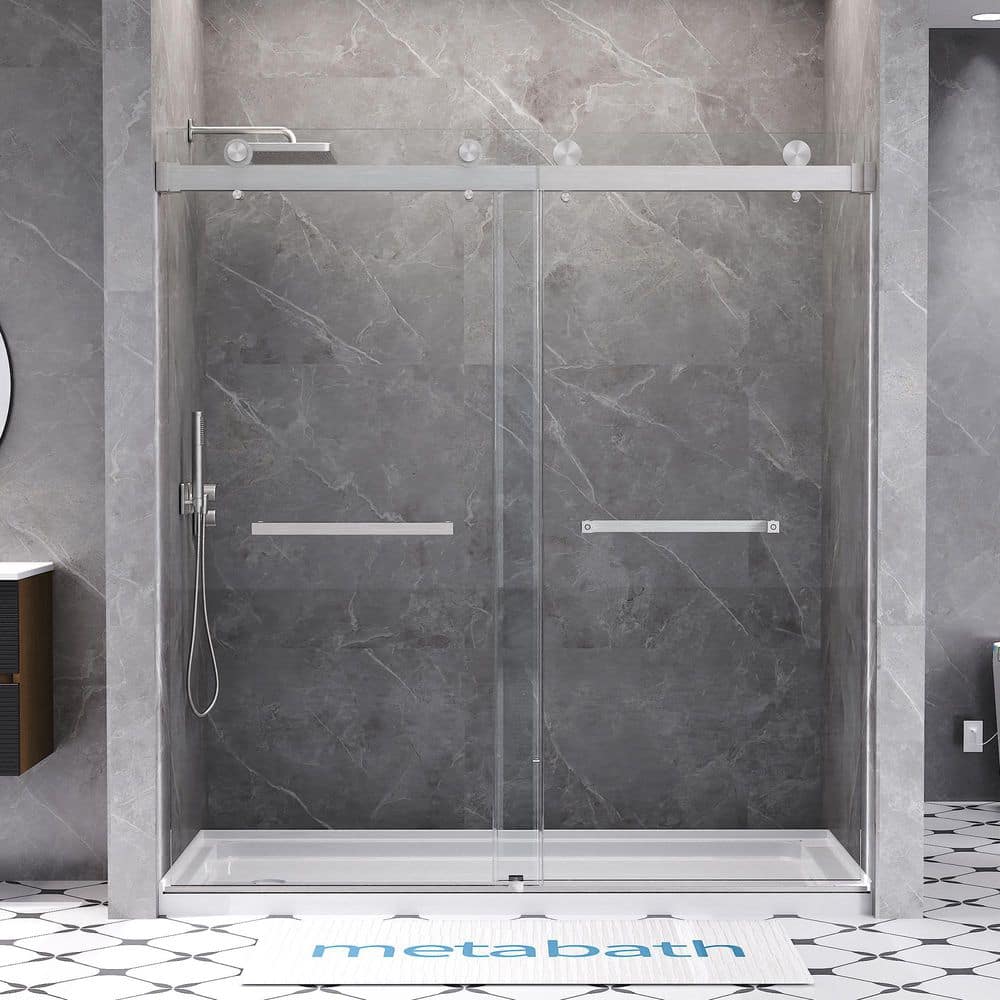 66 to 72 in. W x 76 in. H Double Sliding Frameless Shower Door in Brushed N
