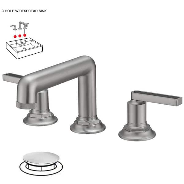 BWE 8 in. Widespread Double Handle Bathroom Faucet 3-Holes Vanity Sink Water-Saving with Metal Drain In Brushed Nickel