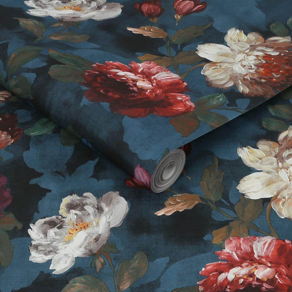 Navy Floral Wallpaper with Hand Painted Blooms, 20.5" x 396"