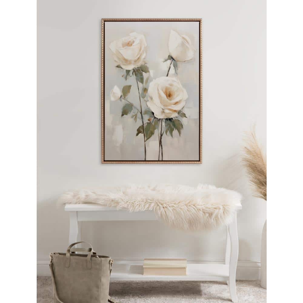 Gold Beaded Frame Soft White Roses Canvas Wall Art 23x33