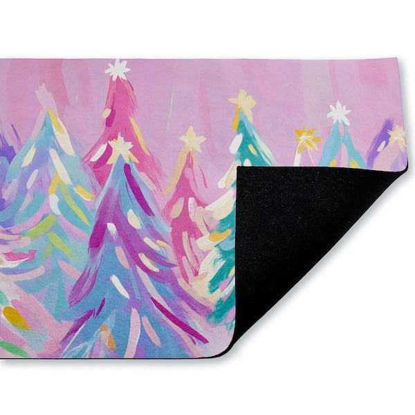 Abstract Pastel Christmas Trees Pink 18 in. x 30 in. Polyester Non-Slip Outdoor Door Mat