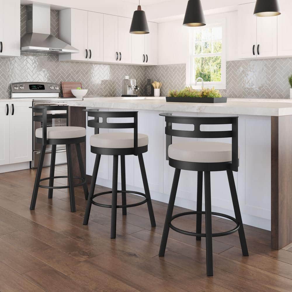 Sophisticated Cream Faux Leather Swivel Counter Stool with Black Metal Frame