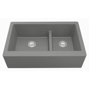 Farmhouse Apron Front Quartz Composite 34 in. Double Offset Bowl Kitchen Sink in Grey