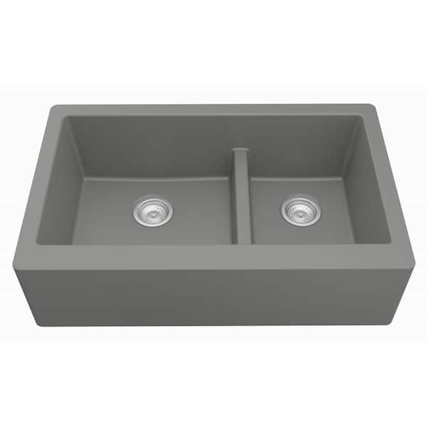 Farmhouse Apron Front Quartz/Granite Composite 34 in. Double Offset Bowl Kitchen Sink in Grey