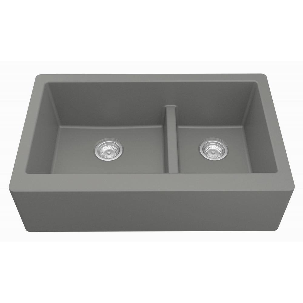 Gray Quartz 34'' Double Bowl Farmhouse Kitchen Sink Kit